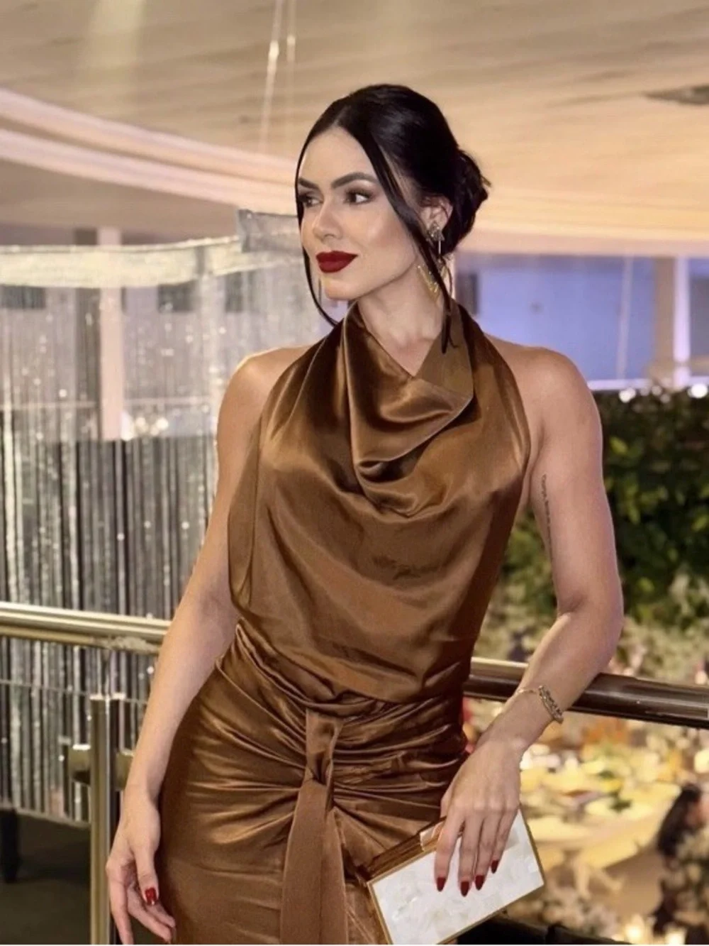 NWT. Zara Brown Satin Effect Flowy Halter Neck Midi Dress. Size S. - Picture 4 of 11